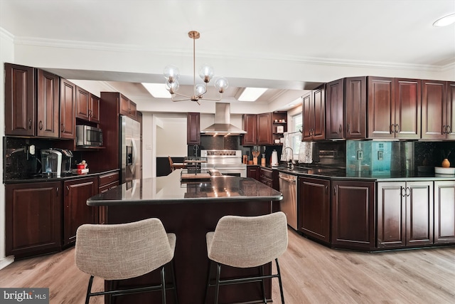 12116 Long Ridge Ln, Bowie, MD 20715 - kitchen featuring wall chimney exhaust hood, stainless steel appliances, dark countertops, decorative backsplash, and crown molding