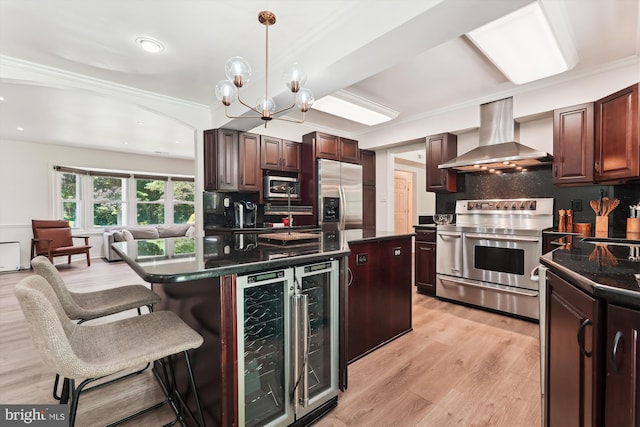 12116 Long Ridge Ln, Bowie, MD 20715 - kitchen with stainless steel appliances, wall chimney exhaust hood, beverage cooler, dark countertops, and tasteful backsplash