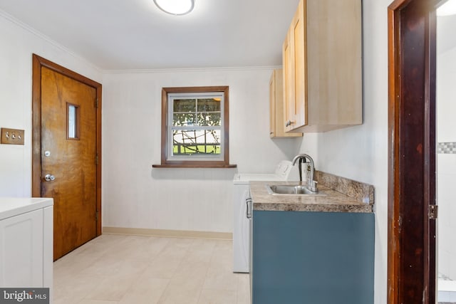 313 W 5th Ave, Conshohocken, PA 19428 - kitchen featuring light countertops, separate washer and dryer, ornamental molding, and light tile patterned floors