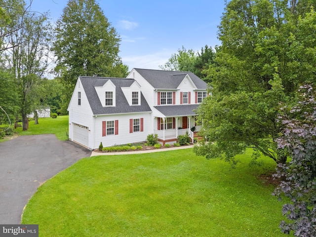 14057 Broadview Ln, Culpeper, VA 22701 - view of front facade featuring covered porch, driveway, a front yard, a garage, and a shingled roof