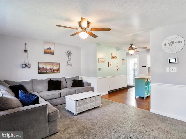 674 Harrison Ave, Berkeley Springs, WV 25411 - carpeted living area with a ceiling fan and a textured ceiling