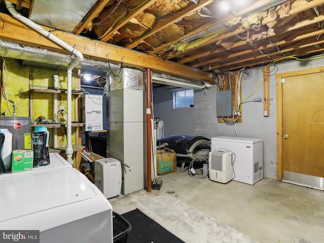 674 Harrison Ave, Berkeley Springs, WV 25411 - below grade area with washer and clothes dryer, electric panel, white refrigerator, and water heater