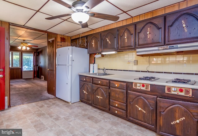 207 Canary Ln, Mount Holly, NJ 08060 - kitchen featuring freestanding refrigerator, a ceiling fan, light countertops, under cabinet range hood, and a paneled ceiling