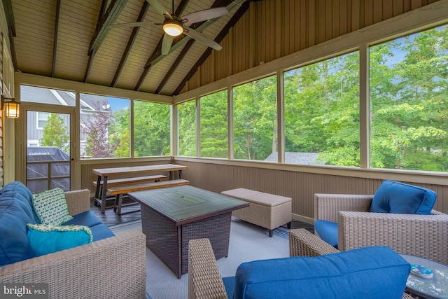 8213 Bearhurst Dr, Gainesville, VA 20155 - sunroom / solarium with a ceiling fan, an outdoor living space, and lofted ceiling