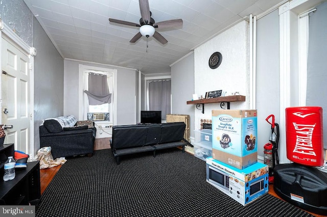 1407 Hill Rd, Reading, PA 19602 - rec room with a ceiling fan, carpet flooring, ornamental molding, and cooling unit