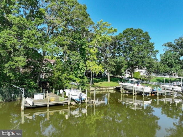4119 Waterview Dr, Edgewater, MD 21037 - dock featuring boat lift, a water view, and view of scattered trees