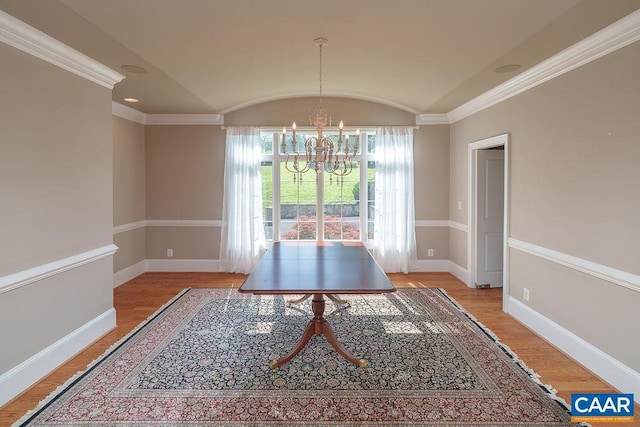 3525 Rocks Mill Ln, Charlottesville, VA 22903 - dining room featuring a chandelier, light wood-style flooring, lofted ceiling, and ornamental molding