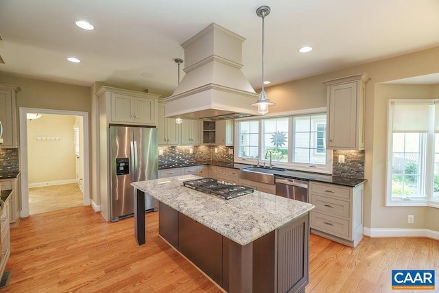 3525 Rocks Mill Ln, Charlottesville, VA 22903 - kitchen featuring appliances with stainless steel finishes, dark stone counters, tasteful backsplash, custom range hood, and recessed lighting