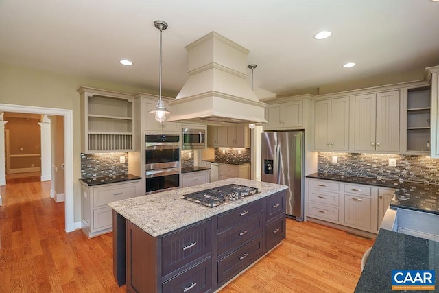 3525 Rocks Mill Ln, Charlottesville, VA 22903 - kitchen featuring open shelves, appliances with stainless steel finishes, a center island, decorative backsplash, and recessed lighting