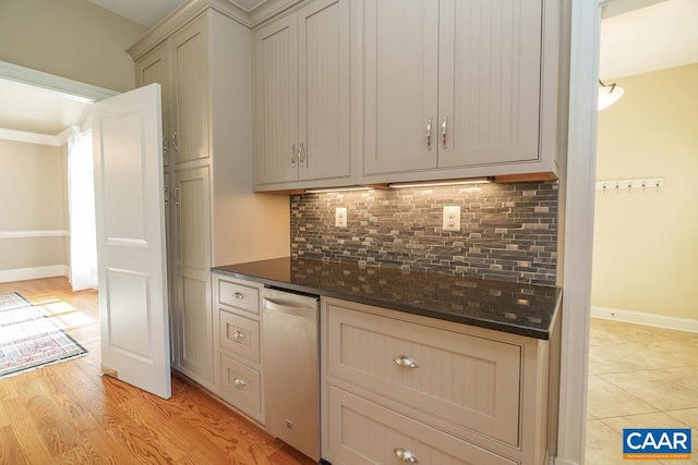 3525 Rocks Mill Ln, Charlottesville, VA 22903 - kitchen with tasteful backsplash, stainless steel dishwasher, dark stone counters, and light wood-type flooring
