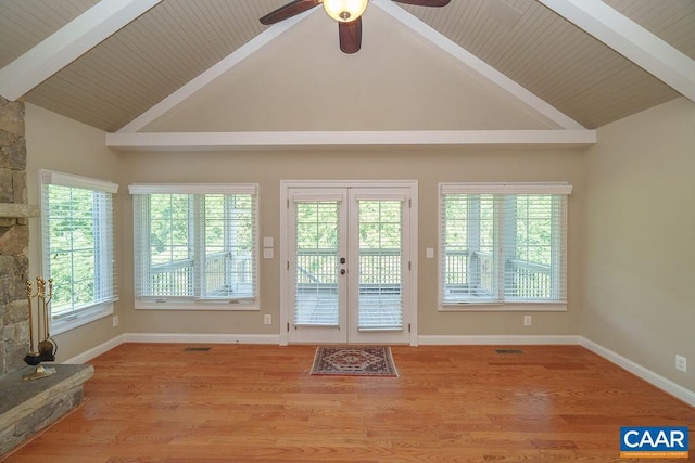 3525 Rocks Mill Ln, Charlottesville, VA 22903 - entryway with ceiling fan, wood finished floors, french doors, and wood ceiling