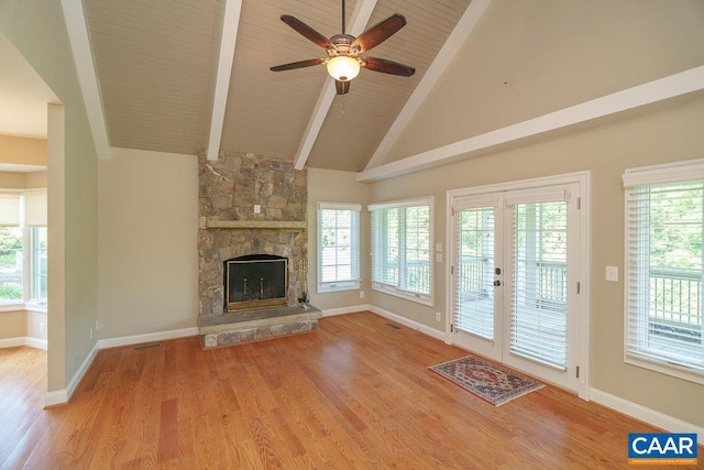 3525 Rocks Mill Ln, Charlottesville, VA 22903 - unfurnished living room featuring light wood finished floors, ceiling fan, a fireplace, high vaulted ceiling, and a wood ceiling with exposed beams