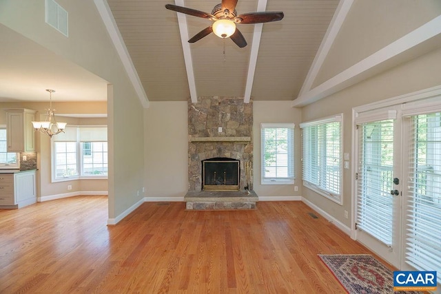 3525 Rocks Mill Ln, Charlottesville, VA 22903 - unfurnished living room featuring a fireplace, a chandelier, light wood-style floors, ceiling fan, and a wood ceiling with exposed beams