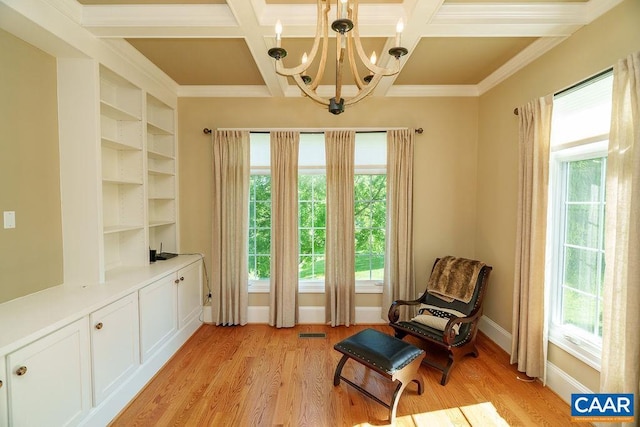 3525 Rocks Mill Ln, Charlottesville, VA 22903 - living area with plenty of natural light, a chandelier, light wood-style flooring, coffered ceiling, and crown molding