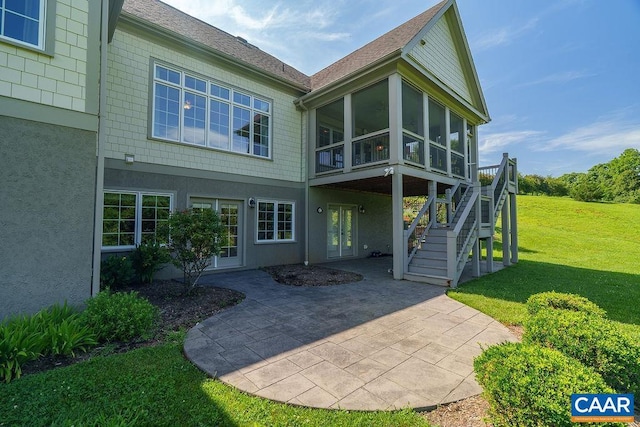 3525 Rocks Mill Ln, Charlottesville, VA 22903 - back of house with a patio area, stairway, a yard, a sunroom, and french doors