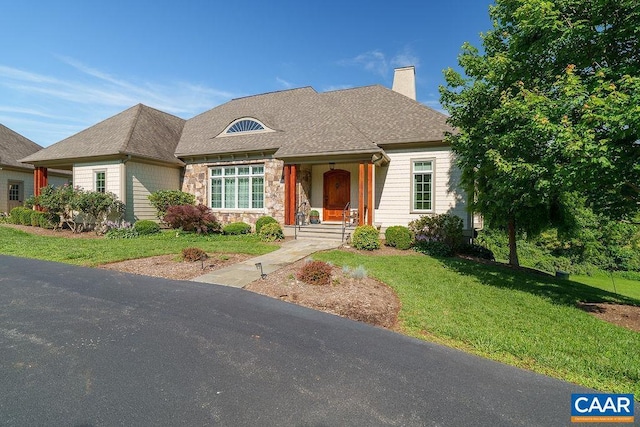 3525 Rocks Mill Ln, Charlottesville, VA 22903 - view of front of property with a chimney, a front lawn, stone siding, and roof with shingles