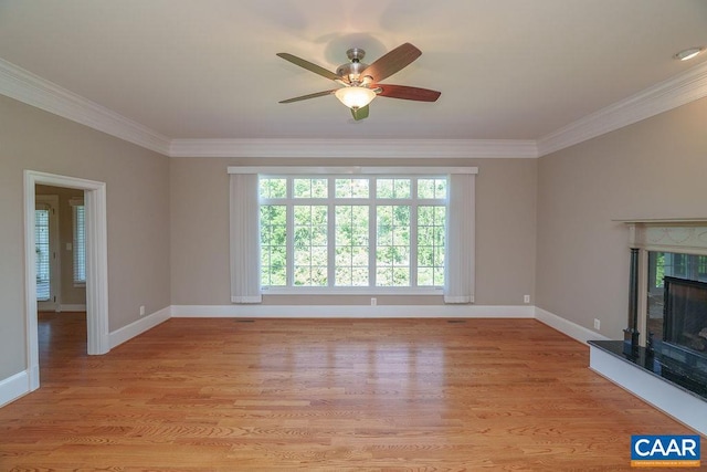 3525 Rocks Mill Ln, Charlottesville, VA 22903 - unfurnished living room with ornamental molding, ceiling fan, a tiled fireplace, and light wood-style flooring