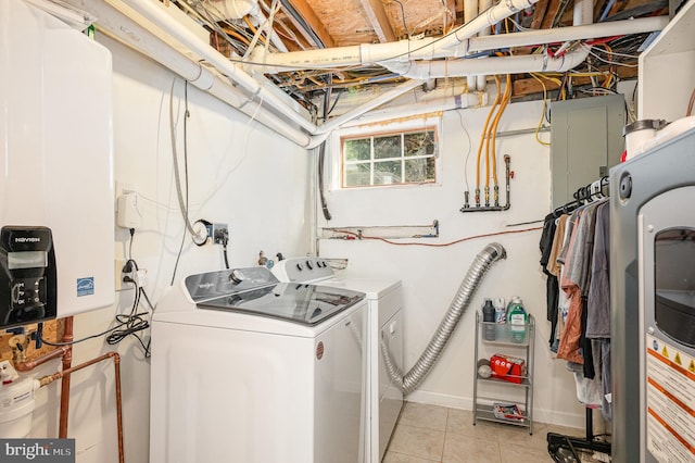 9016 Greylock St, Alexandria, VA 22308 - laundry room with independent washer and dryer, tankless water heater, light tile patterned floors, and electric panel