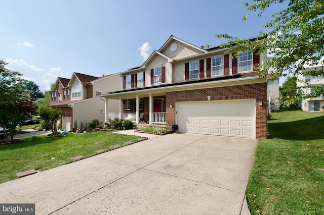 14813 Blackburn Rd, Burtonsville, MD 20866 - view of front of home with a porch, an attached garage, a front yard, concrete driveway, and brick siding