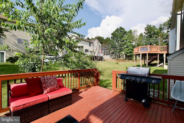 14813 Blackburn Rd, Burtonsville, MD 20866 - wooden deck with a grill, a yard, an outdoor hangout area, and stairs