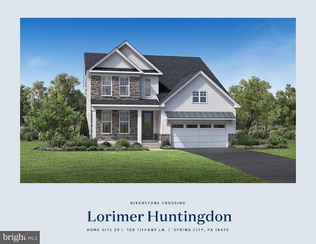 LOT29-109 Tiffany Ln, Spring City, PA 19475 - view of front of house featuring stone siding, asphalt driveway, a garage, a front lawn, and roof with shingles