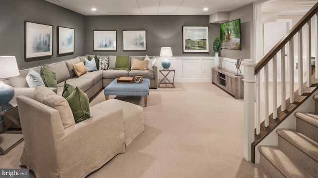 LOT29-109 Tiffany Ln, Spring City, PA 19475 - carpeted living room featuring recessed lighting, stairway, a wainscoted wall, and a decorative wall