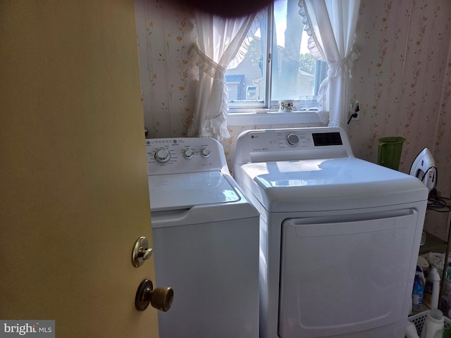 100 E Eagle Ln, Cherry Hill, NJ 08003 - washroom with wallpapered walls and washing machine and clothes dryer