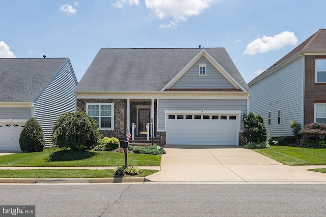 6037 Calumet Ct, Gainesville, VA 20155 - traditional home with a front yard, a garage, concrete driveway, stone siding, and roof with shingles