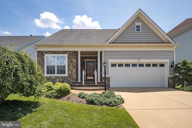 6037 Calumet Ct, Gainesville, VA 20155 - view of front of property with stone siding, concrete driveway, a garage, and roof with shingles