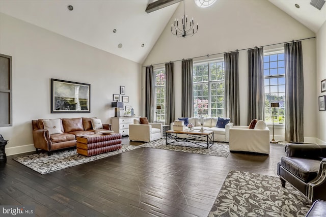 6107 Fairview Farm Dr Unit 306, Alexandria, VA 22315 - living room featuring high vaulted ceiling, wood-type flooring, and beamed ceiling