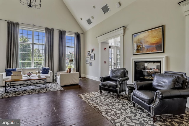 6107 Fairview Farm Dr Unit 306, Alexandria, VA 22315 - living room featuring plenty of natural light, high vaulted ceiling, and dark wood-type flooring