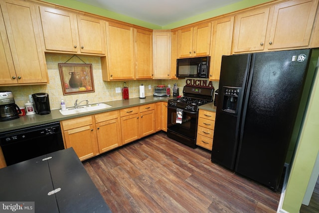 38337 N Mill Ln Unit 116, Ocean View, DE 19970 - kitchen with black appliances, dark wood-style flooring, tasteful backsplash, and light brown cabinetry