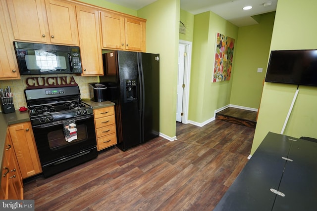 38337 N Mill Ln Unit 116, Ocean View, DE 19970 - kitchen featuring black appliances, dark wood finished floors, backsplash, light brown cabinets, and recessed lighting
