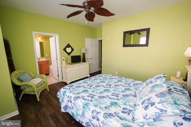 38337 N Mill Ln Unit 116, Ocean View, DE 19970 - bedroom with dark wood finished floors, ceiling fan, and connected bathroom