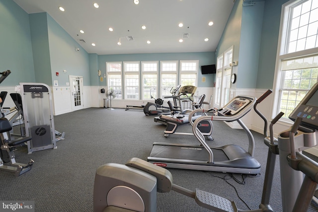 38337 N Mill Ln Unit 116, Ocean View, DE 19970 - workout area with high vaulted ceiling, recessed lighting, a wainscoted wall, and french doors
