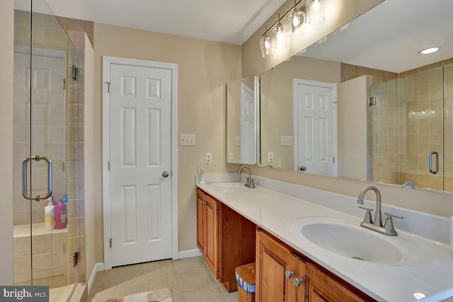 404 Herington Dr, Reading, PA 19608 - bathroom with tile patterned flooring, double vanity, and a shower stall