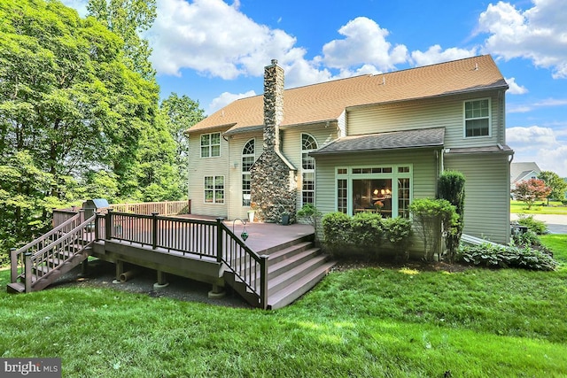 404 Herington Dr, Reading, PA 19608 - rear view of property featuring a lawn, a deck, stairs, and a chimney