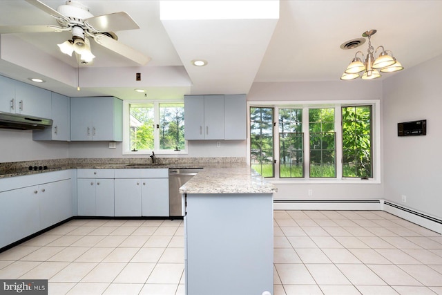 3990 View Top Rd, Ellicott City, MD 21042 - kitchen with under cabinet range hood, a peninsula, dishwasher, a chandelier, and ceiling fan