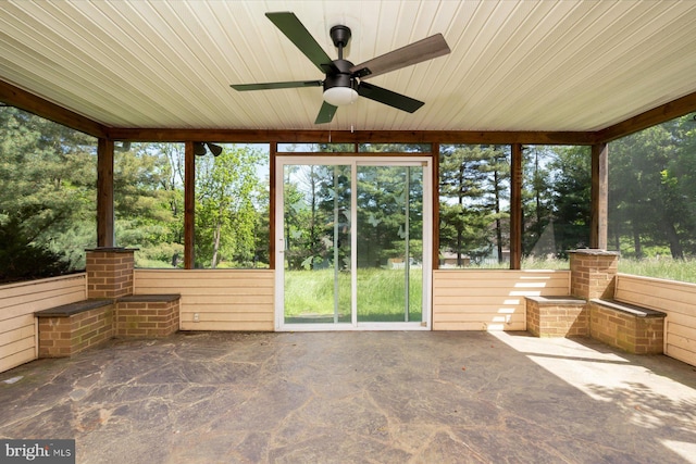 3990 View Top Rd, Ellicott City, MD 21042 - unfurnished sunroom featuring a ceiling fan, view of scattered trees, and wooden ceiling