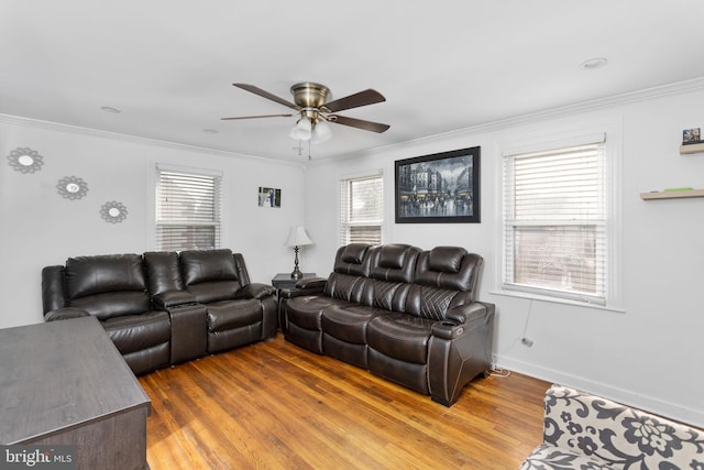 260 Irvington Pl, Hamilton, NJ 08610 - living room featuring a ceiling fan, wood finished floors, and ornamental molding