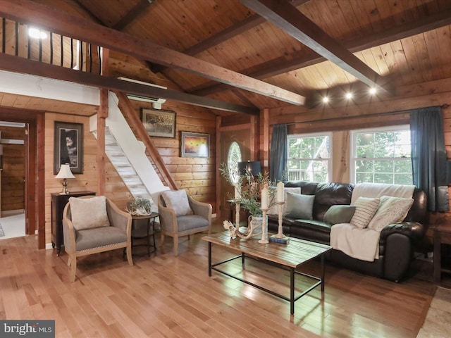 832 Shenandoah River Dr, Harpers Ferry, WV 25425 - living area featuring wooden walls, wood finished floors, stairs, and wood ceiling
