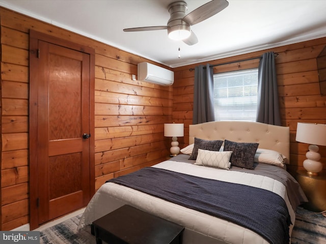 832 Shenandoah River Dr, Harpers Ferry, WV 25425 - bedroom with an AC wall unit, wood walls, and ceiling fan