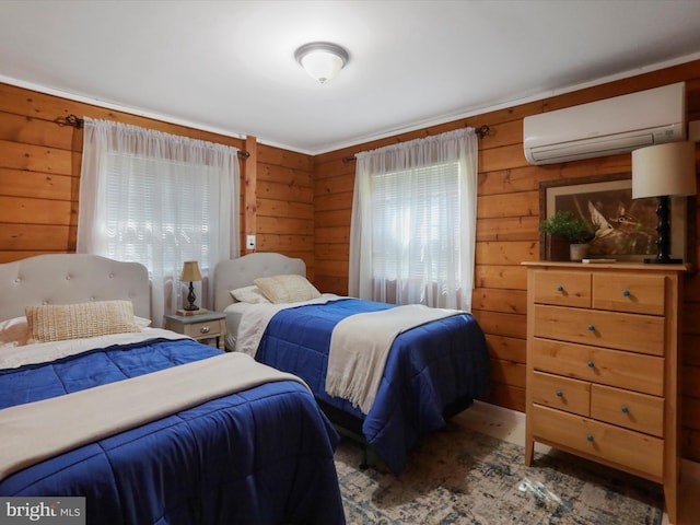 832 Shenandoah River Dr, Harpers Ferry, WV 25425 - bedroom with an AC wall unit, multiple windows, and wooden walls