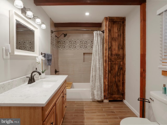 832 Shenandoah River Dr, Harpers Ferry, WV 25425 - bathroom with vanity, shower / bathtub combination with curtain, and wood finish floors