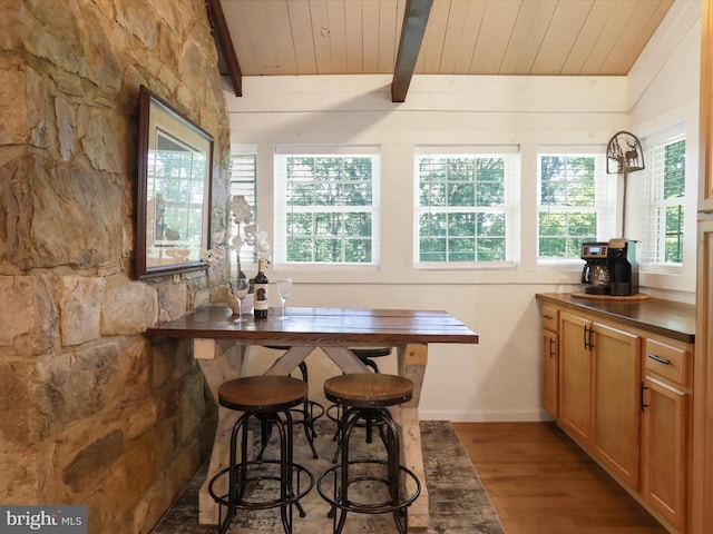 832 Shenandoah River Dr, Harpers Ferry, WV 25425 - dining area featuring plenty of natural light, a wood ceiling with exposed beams, and wood finished floors