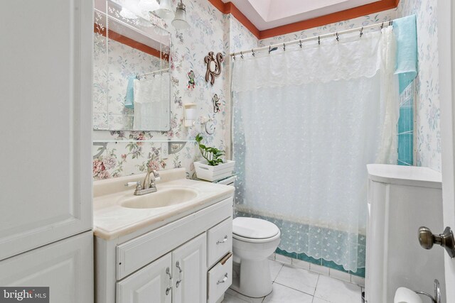5563 Loretto Ave, Philadelphia, PA 19124 - full bathroom featuring wallpapered walls, vanity, tile patterned floors, and shower / tub combo with curtain