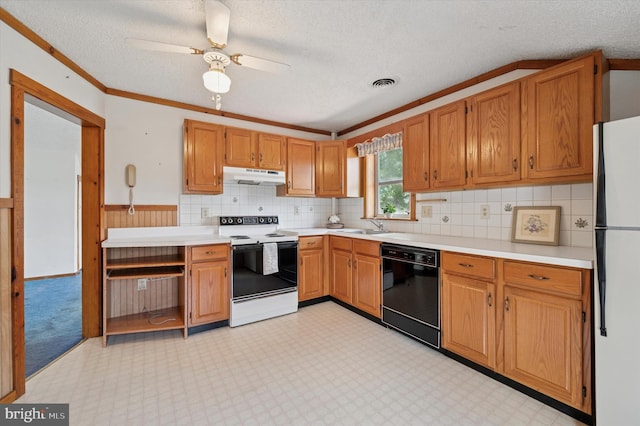 1102 Walnut, Collingdale, PA 19023 - kitchen featuring white appliances, under cabinet range hood, light countertops, a textured ceiling, and ceiling fan