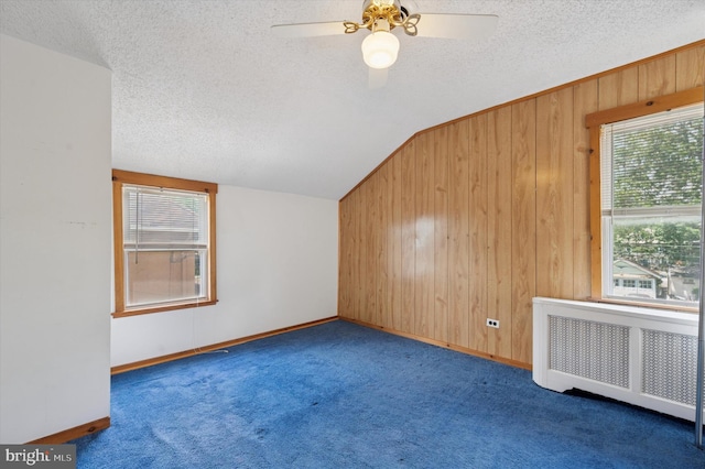 1102 Walnut, Collingdale, PA 19023 - additional living space with radiator, a textured ceiling, lofted ceiling, wood walls, and carpet flooring