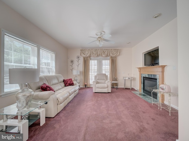 7317 Jubilee Cir, Elkridge, MD 21075 - living room featuring carpet, ceiling fan, and a fireplace