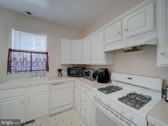 7317 Jubilee Cir, Elkridge, MD 21075 - kitchen featuring white appliances, under cabinet range hood, white cabinetry, and light floors
